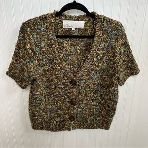Curio New York Green & Brown Chunky Knit Short Sleeve Cardigan Sweater Medium